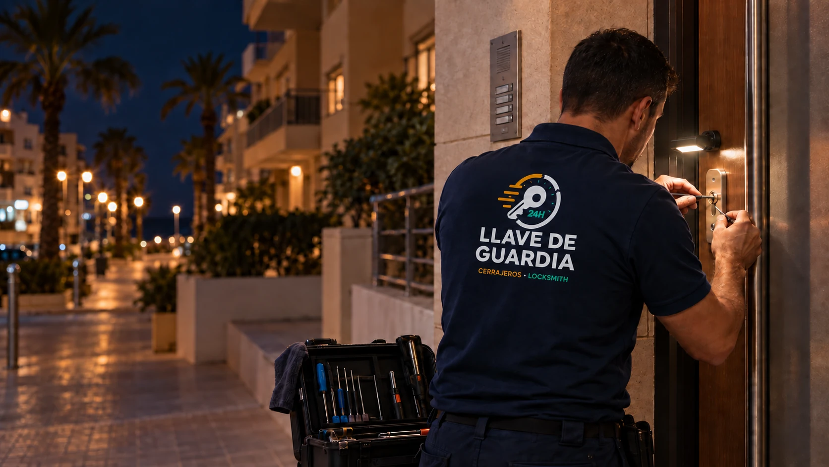 Imagen corporativa de un cerrajero de Llave de Guardia trabajando de noche en una puerta de vivienda