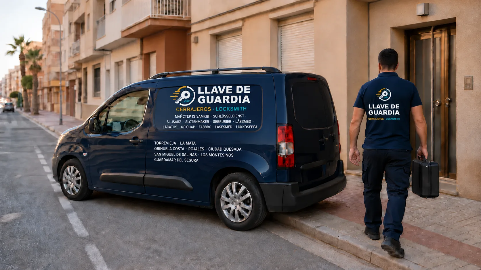 Imagen de marca de Llave de Guardia con furgoneta y uniforme en una calle residencial